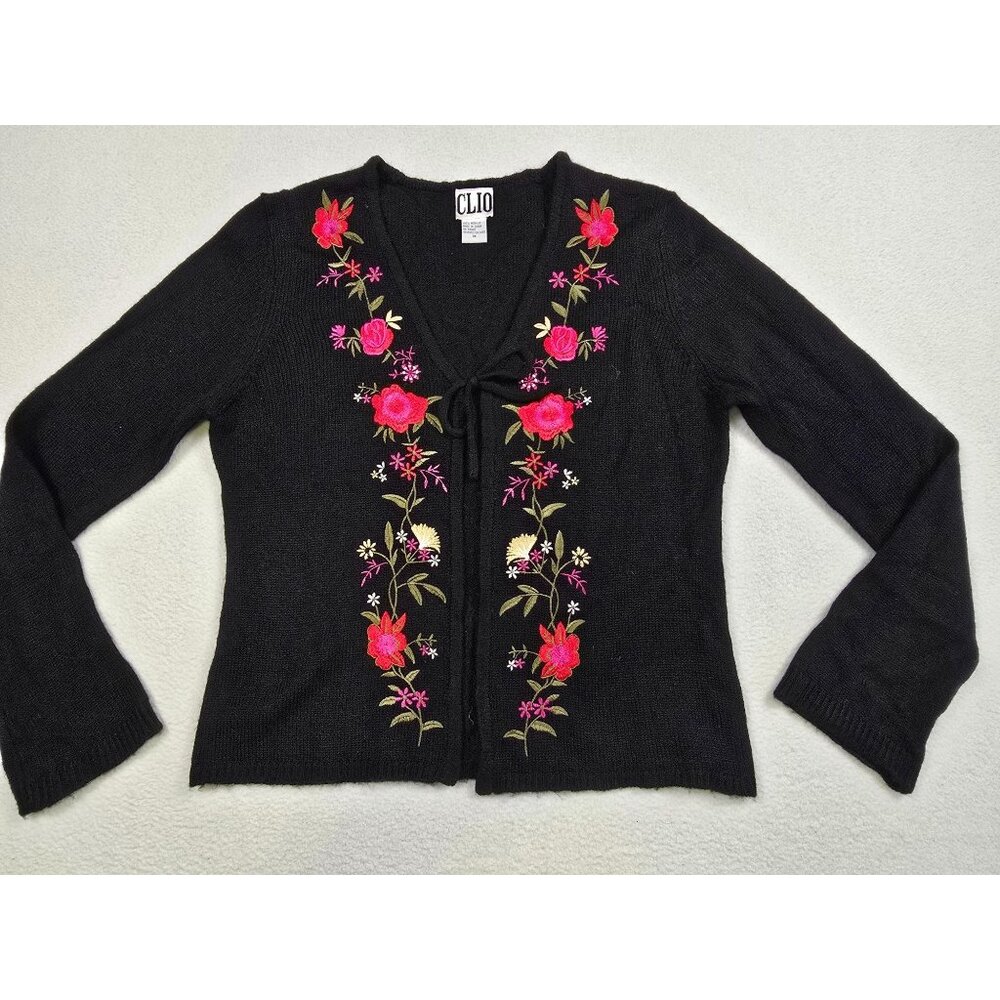 Vintage 90s Clio Black Floral Embroidered Cardigan Sweater M Fairy Grunge Y2K